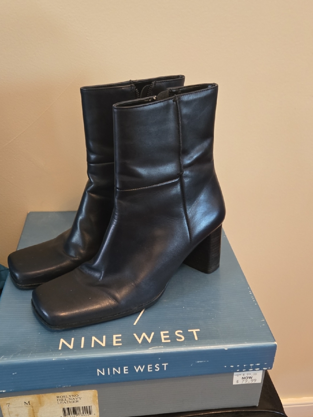 Nine West Black Leather Square-Toe Block Heel Booties